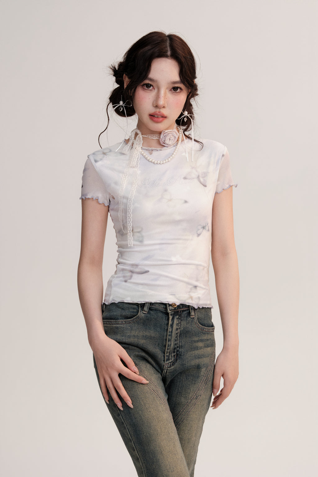Butterfly Lettuce Edging Fitted Sheer T-Shirt