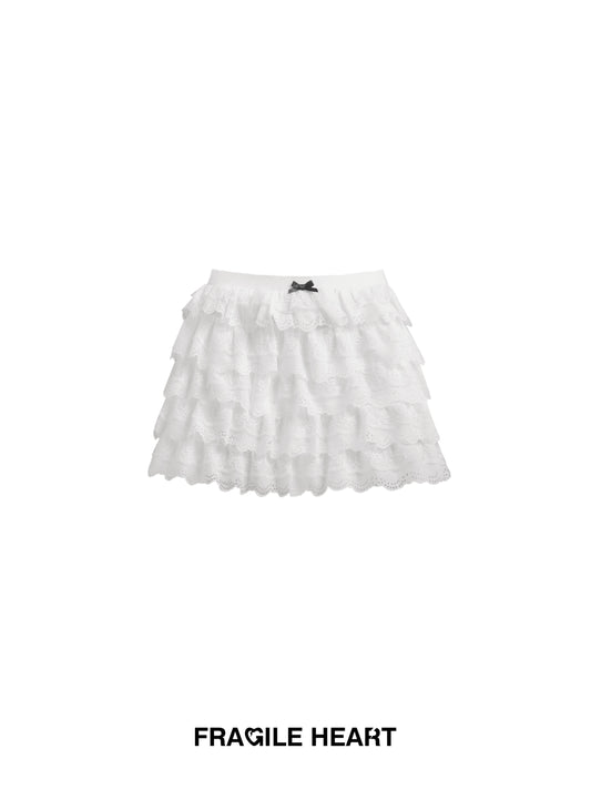 Multi-Layered Ruffled Lace Mini Skirt With Bow Accent