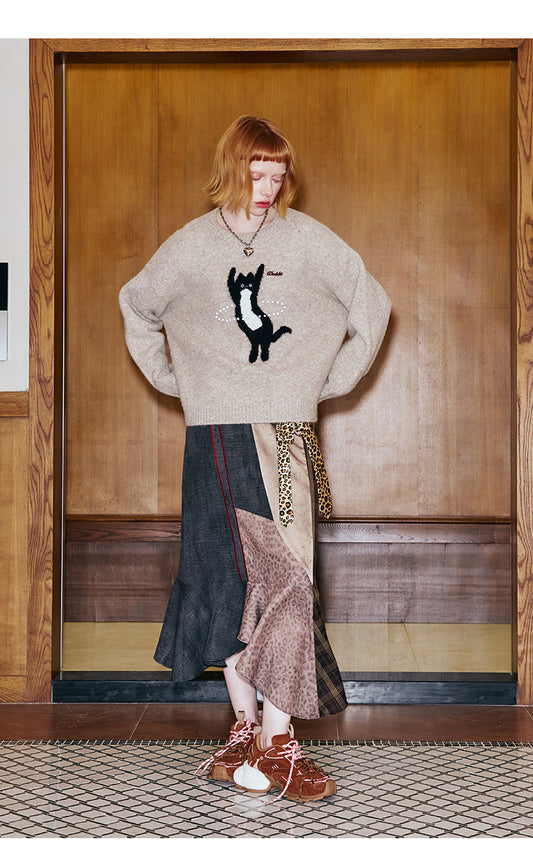 Asymmetric Zip-Up Patchwork Long Skirt