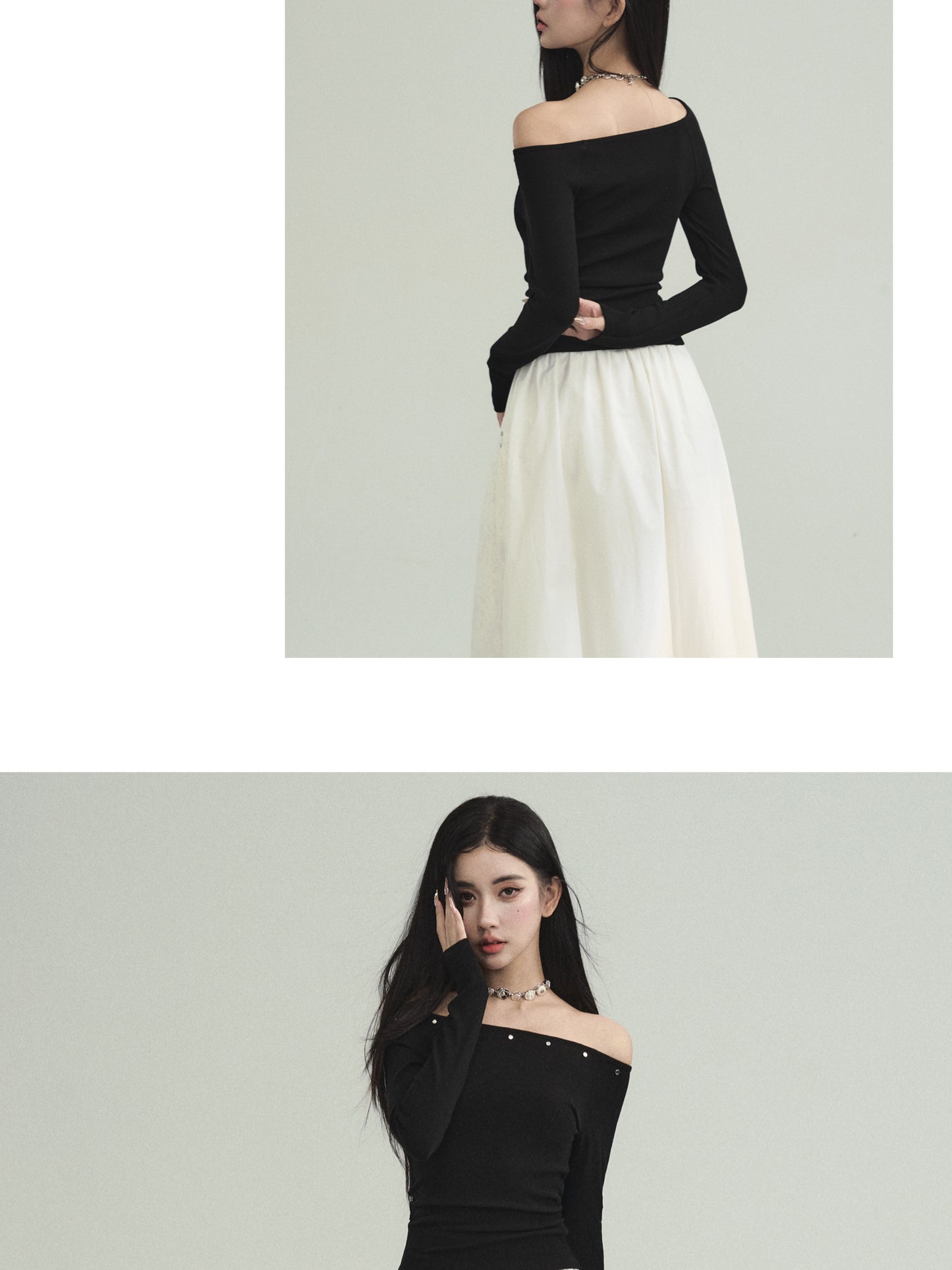 Studded Off Shoulder Top And Lace Patched Skirt