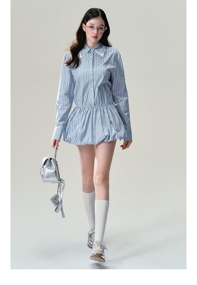 Layered Collar Glitter Striped Balloon Shirt Dress