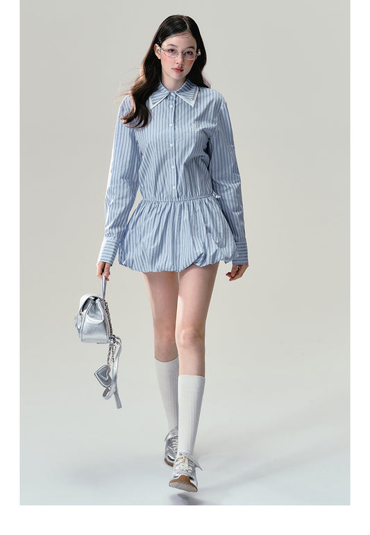 Layered Collar Glitter Striped Balloon Shirt Dress