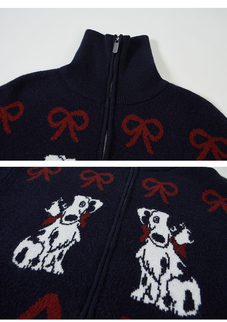 Dog Pattern Turtle Neck Zip Front Cardigan