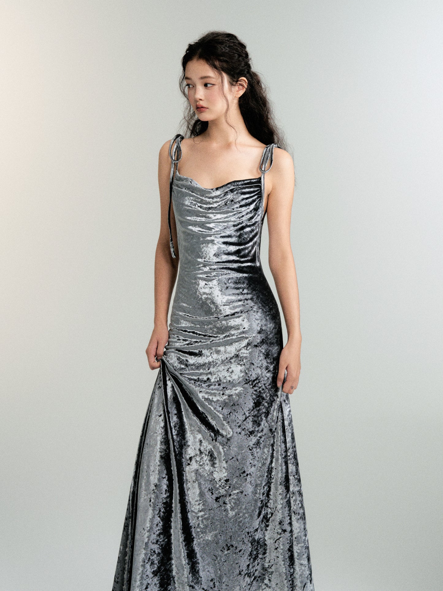 Velvet Flowing Open Back Evening Strap Dress