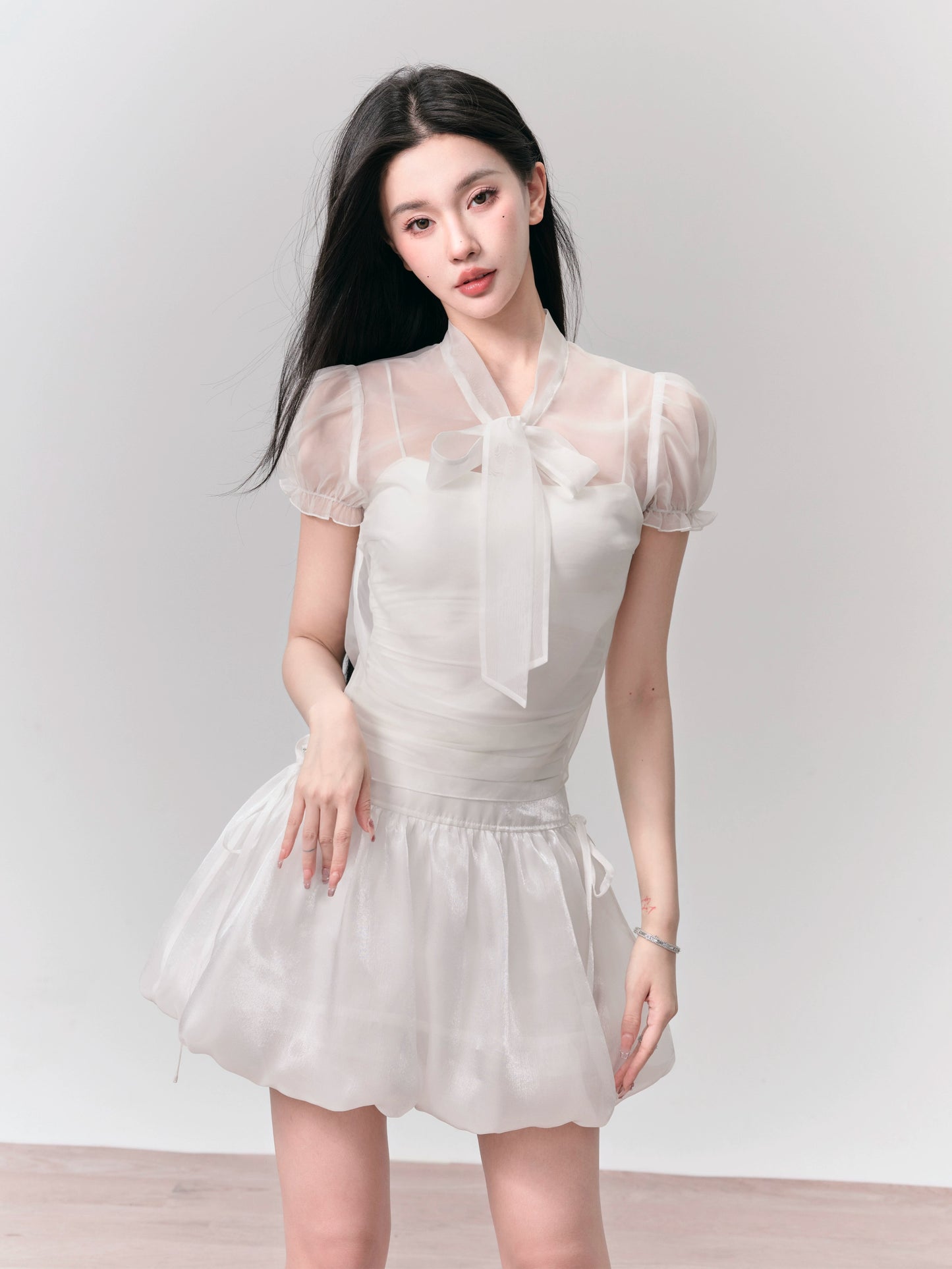 Puff Sleeve Organza Bow Tie Blouse and Mini Bubble Skirt