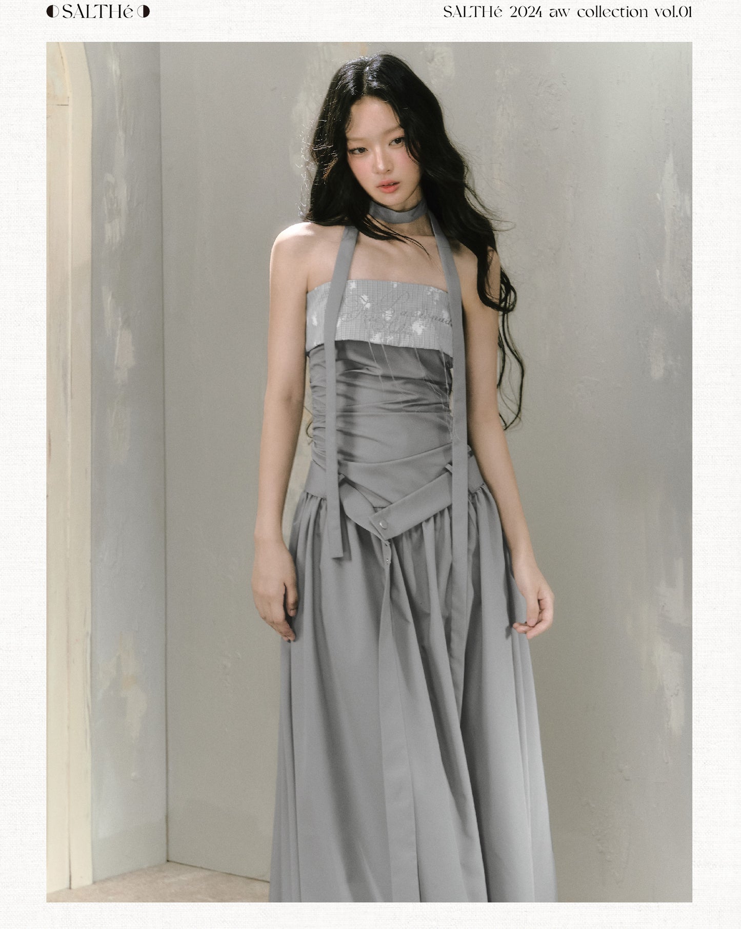 Embroidered Ruched Dress With Neckband And Belt