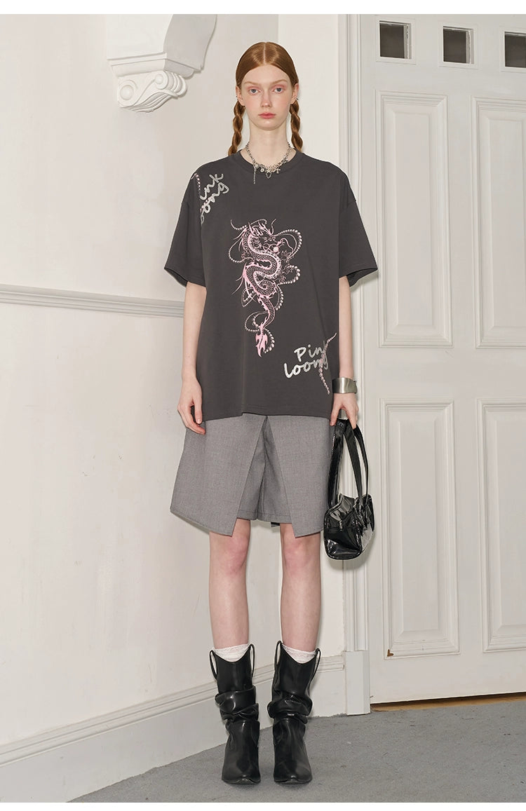 Glitter Lettered Dragon Print Oversized T-Shirt