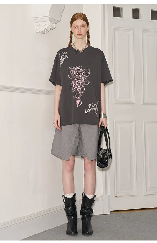 Glitter Lettered Dragon Print Oversized T-Shirt