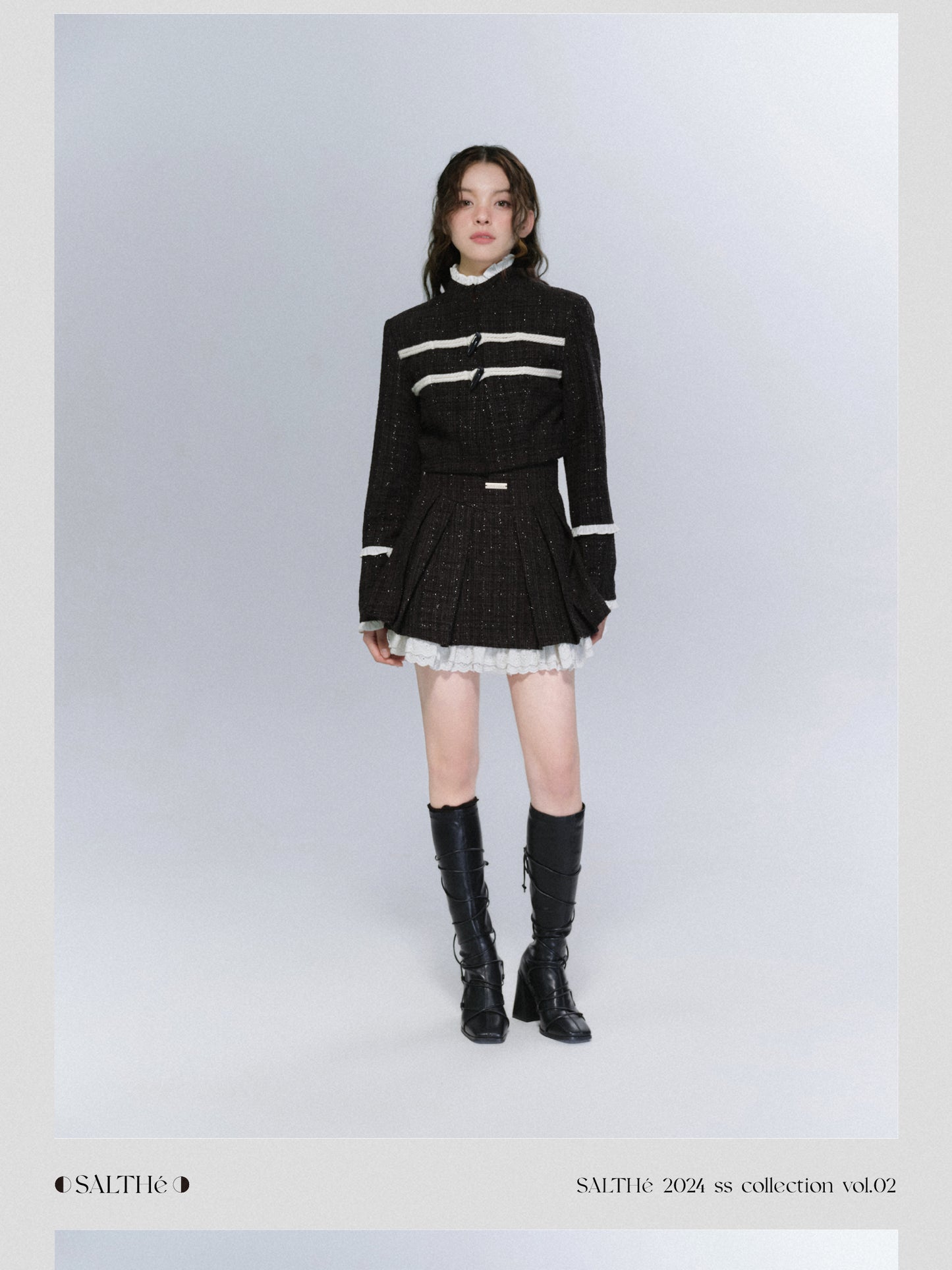 Dual Closure Tweed Jacket And Pleated Frill Skirt