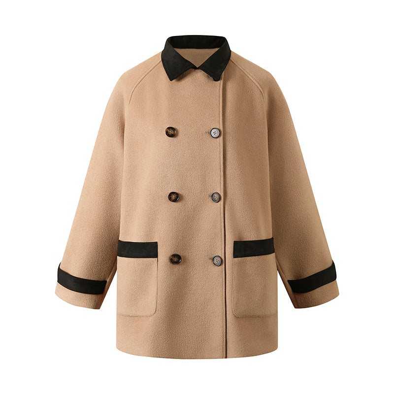 Wool Blend Double-Breasted Contrast Panel Coat