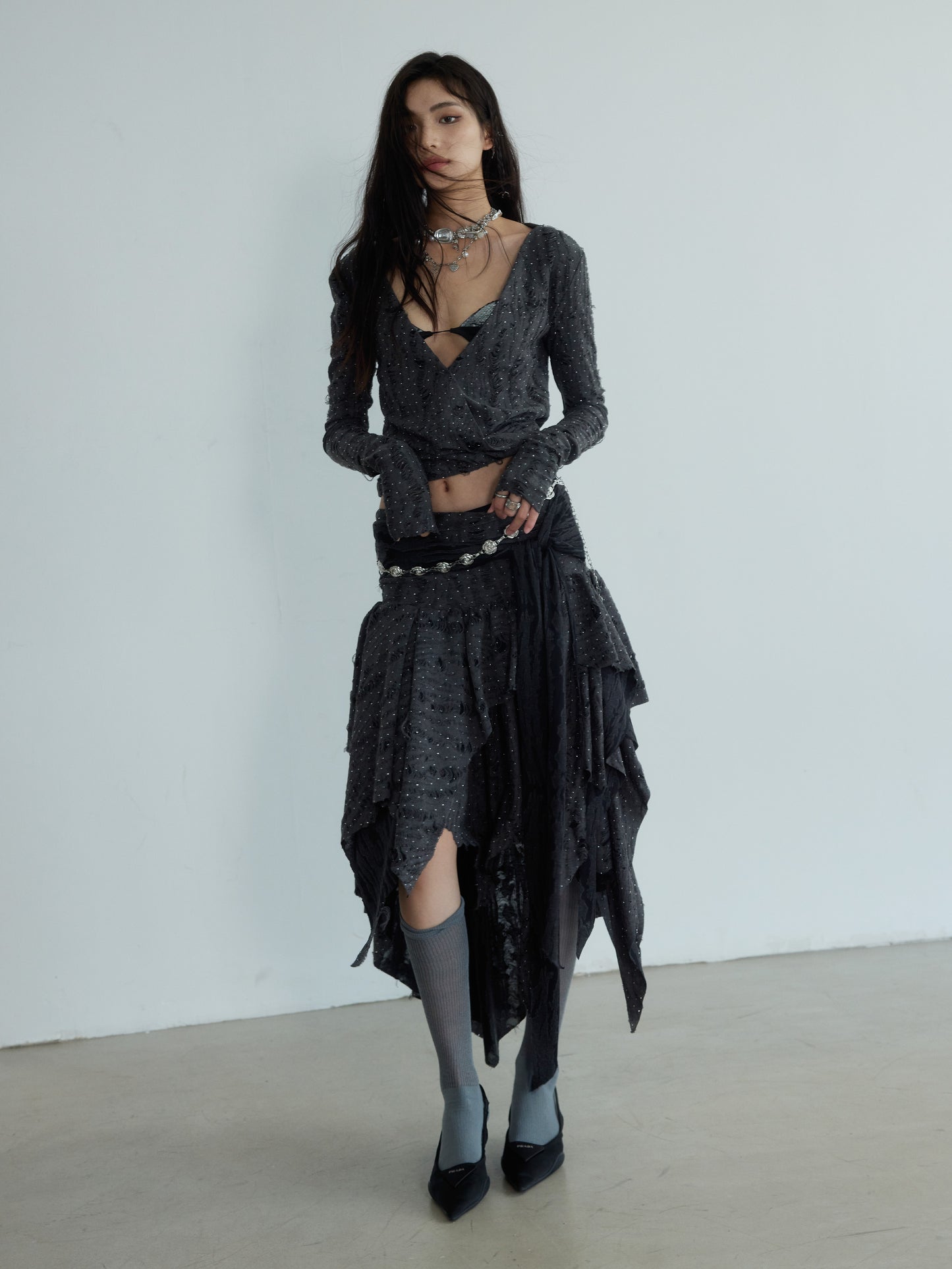 Distressed Shiny Top And Asymmetric Skirt Set