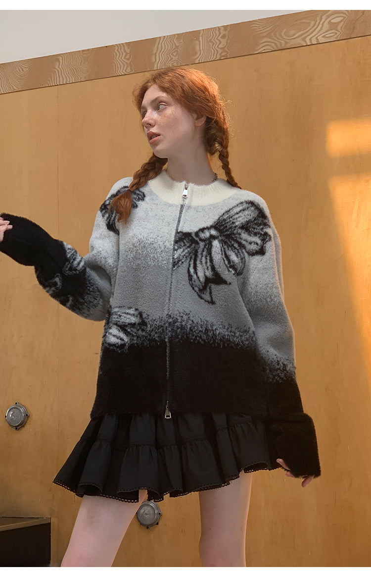 Gradient Bow Patterned Zip-Up Knit Cardigan