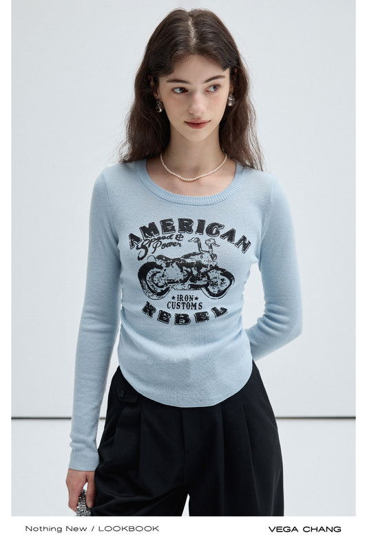 Motorbike Print Side Gather Knit Top