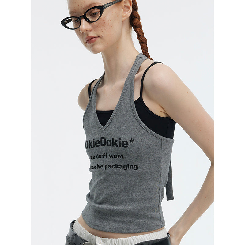 Letter Print Halter Top And Cropped Cami Set