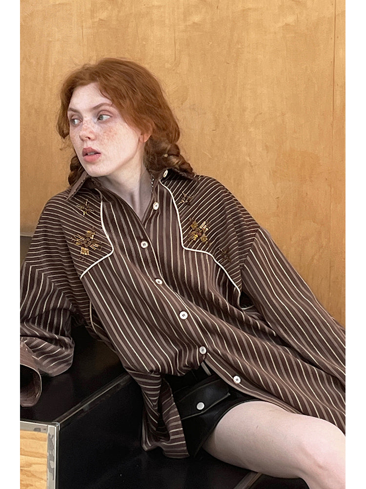 Retro-Inspired Faux Suede Beaded Striped Shirt