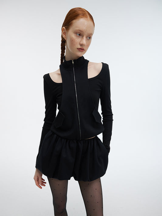 Cut Out High Neck Long Sleeve Fitted Zip-Up Top