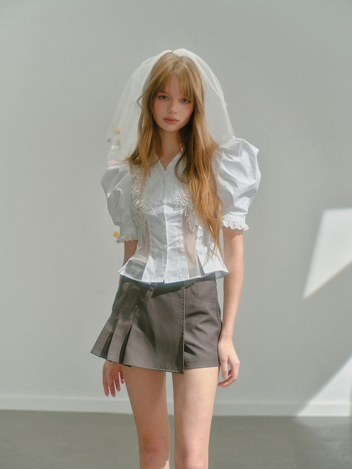 Puff Sleeve Frilled Neck Flower Lace Blouse