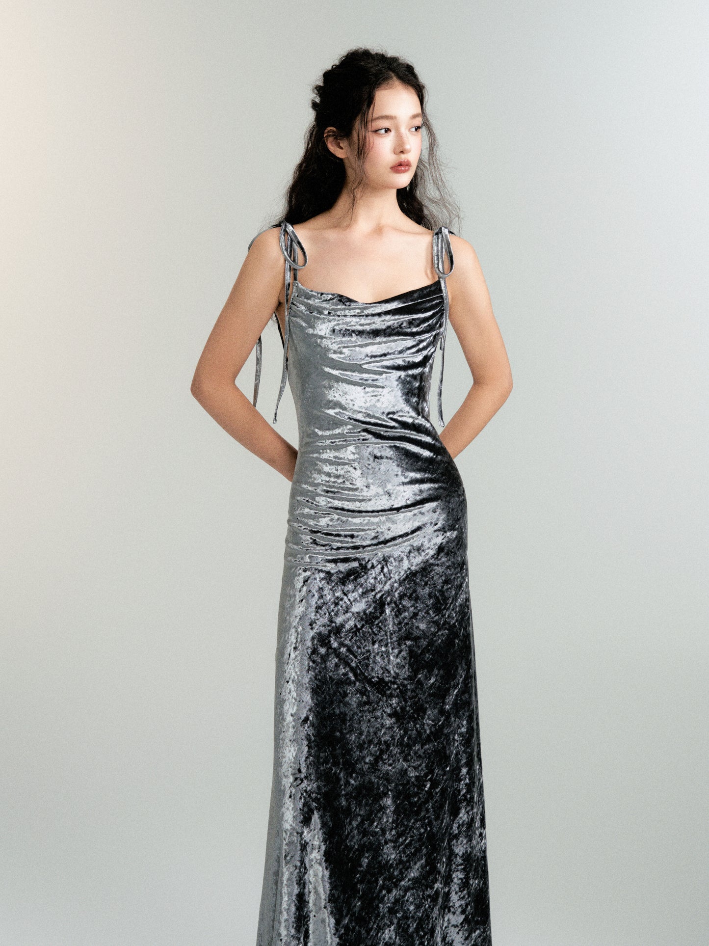 Velvet Flowing Open Back Evening Strap Dress