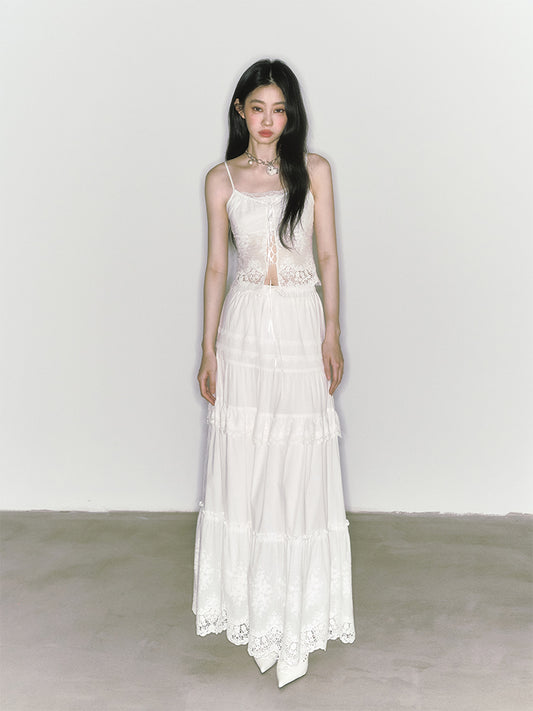 Lace-Up Cami Top And Long Tiered A-Line Skirt