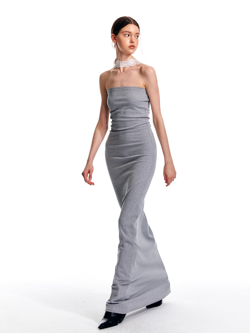 Lace Neck Band Cotton Tube Top Floor-Length Dress