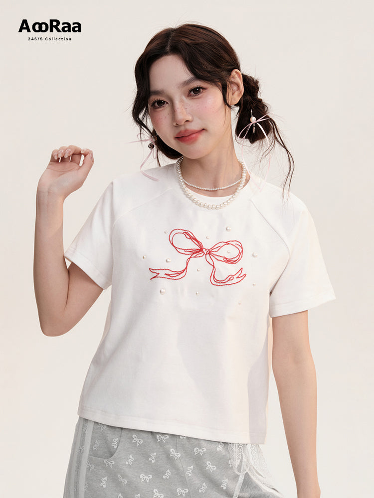 Bow Embroidery Beaded Round Neck T-Shirt