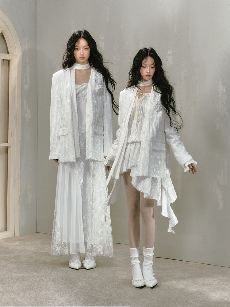 Embroidery Lace Collarless Relax Fit Jacket