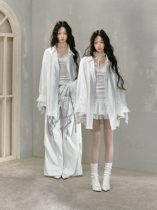 Extended Lace Cuff Bow Motif Oversize Shirt