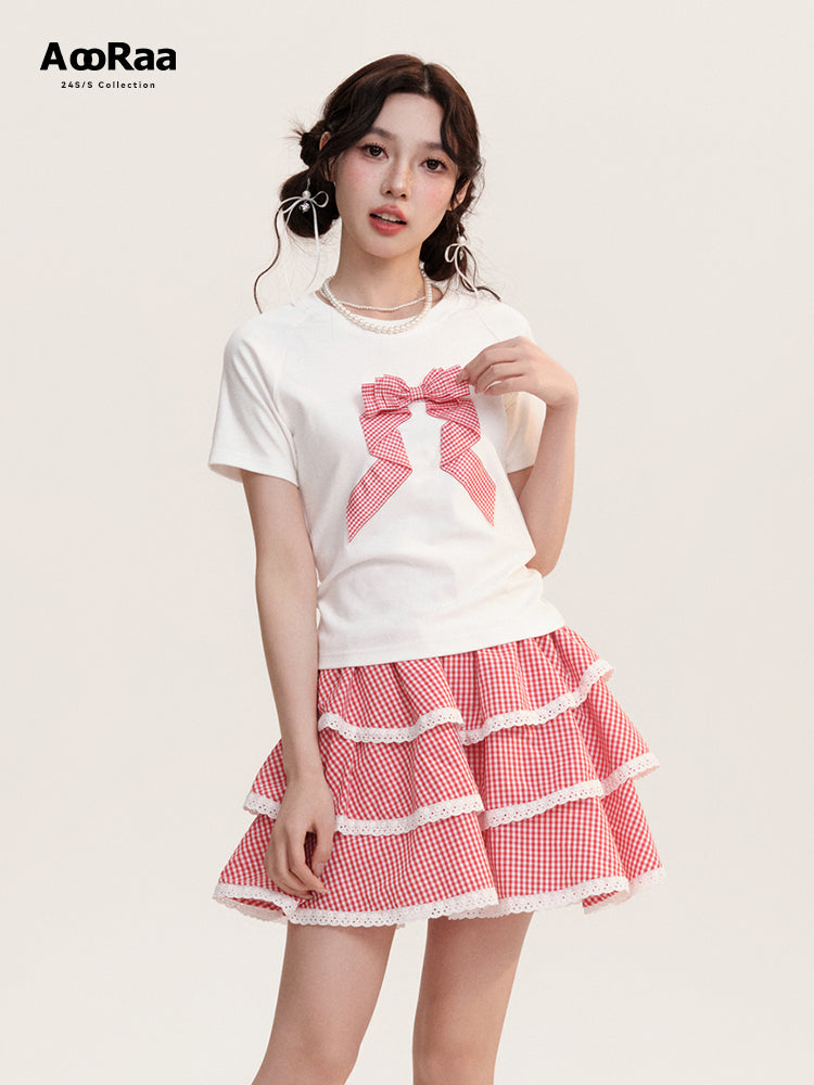 Checkered Three Dimensional Bow Round Neck T-Shirt