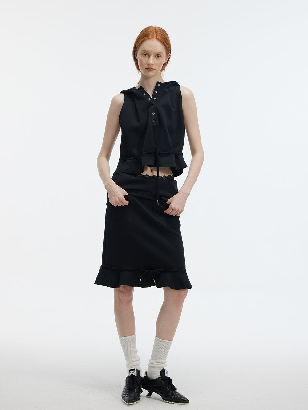 Hooded Sleeveless Relaxed Fit Top With Drawstring