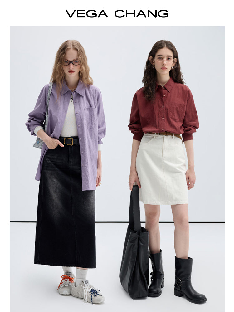 Wrinkled Texture Loose Fit Longline Color Shirt