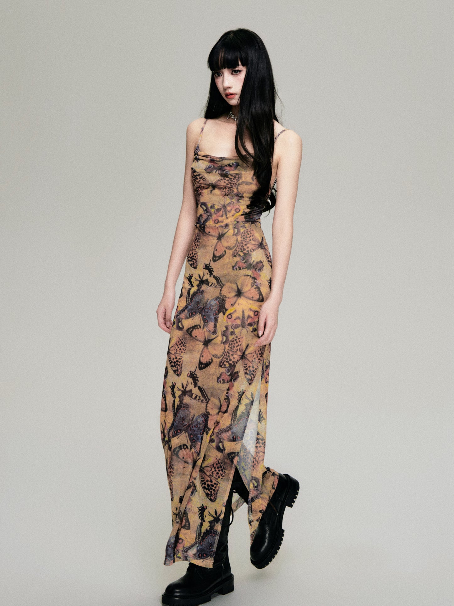 Butterfly Print Elastic Mesh Open Back Cami Dress