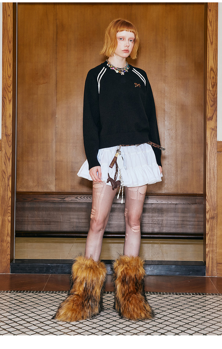 Crew Neck Knit Pullover With Leopard Patch Details