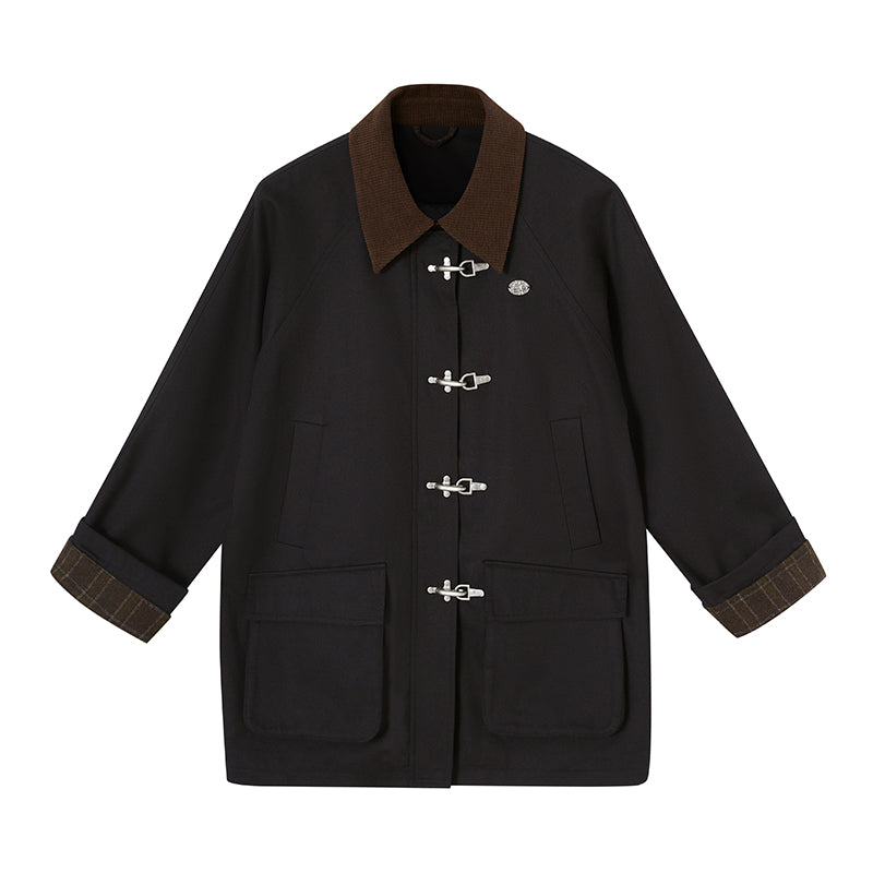 Plaid Cuff Cotton Blend Jacket With Metal Clasp