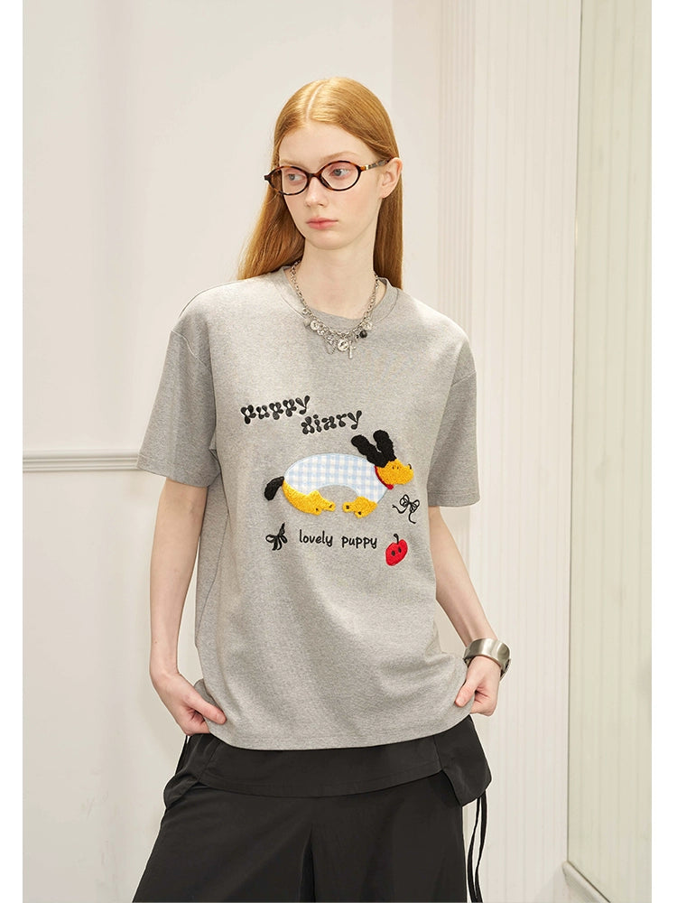 Fun Puppy Cartoon Fuzzy Patch Embroidery T-Shirt