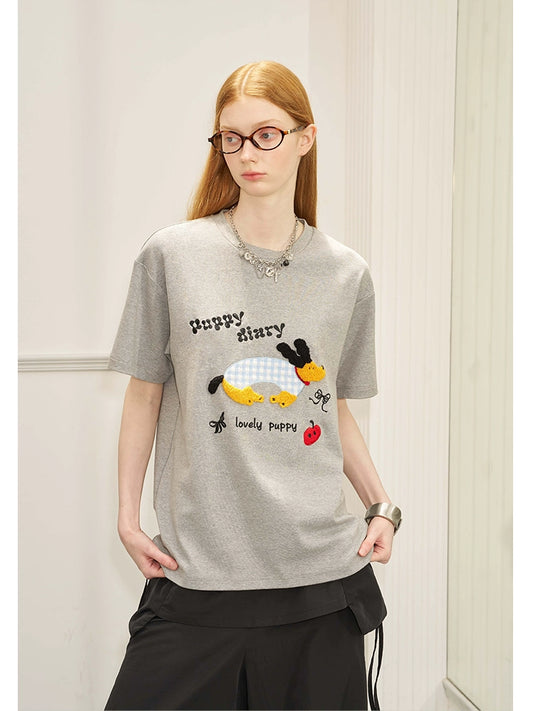 Fun Puppy Cartoon Fuzzy Patch Embroidery T-Shirt