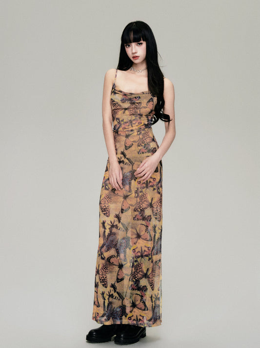 Butterfly Print Elastic Mesh Open Back Cami Dress