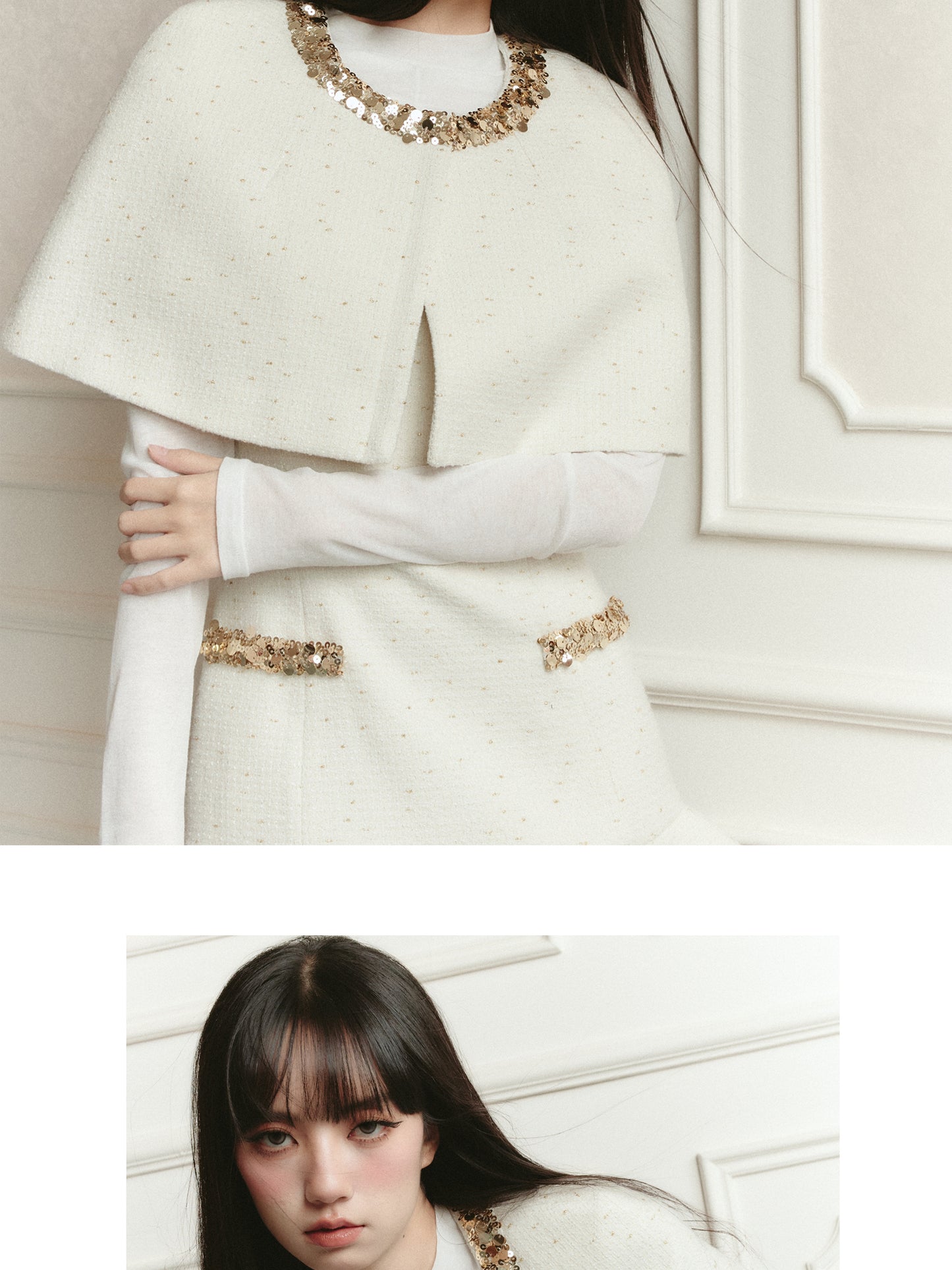 Short Sleeveless Dress And Gold Sequined Cape