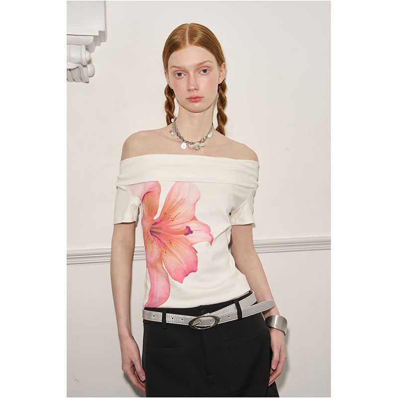 Flower Photo Print Slouchy Drape Neck Shirt