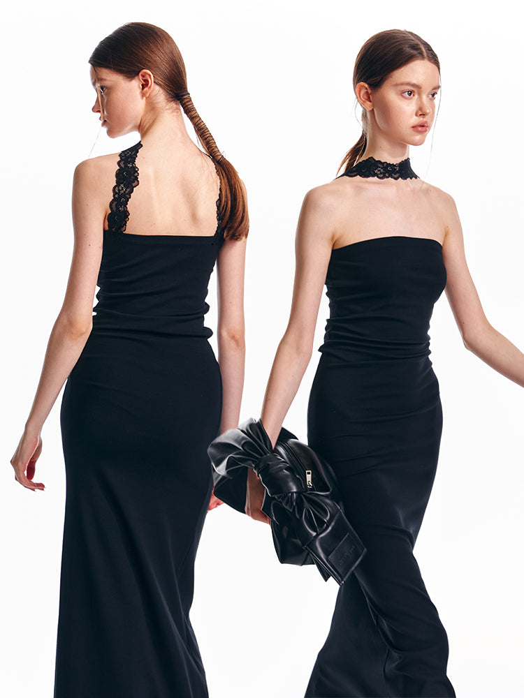 Lace Neck Band Cotton Tube Top Floor-Length Dress