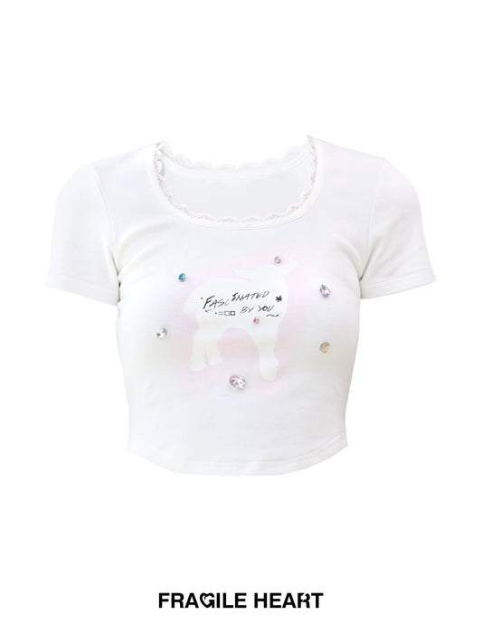 Rhinestone Lamb Print Lace Trimmed Neck Baby Tee