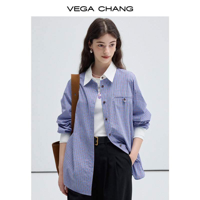 Cotton Woven Plaid Contrast Collar Shirt