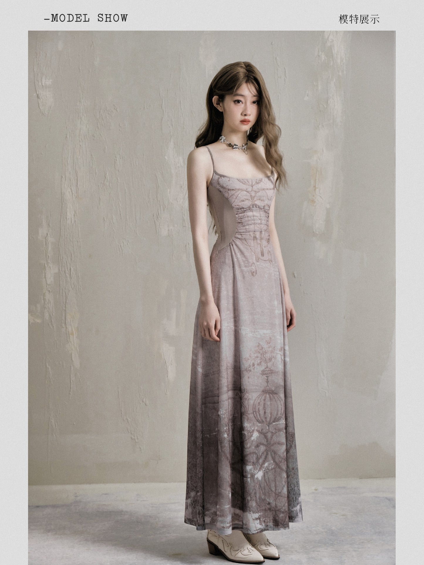 Fitted Printed Long Dress And Extended Sleeve Top