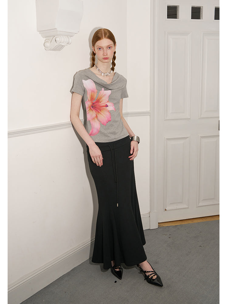 Flower Photo Print Slouchy Drape Neck Shirt