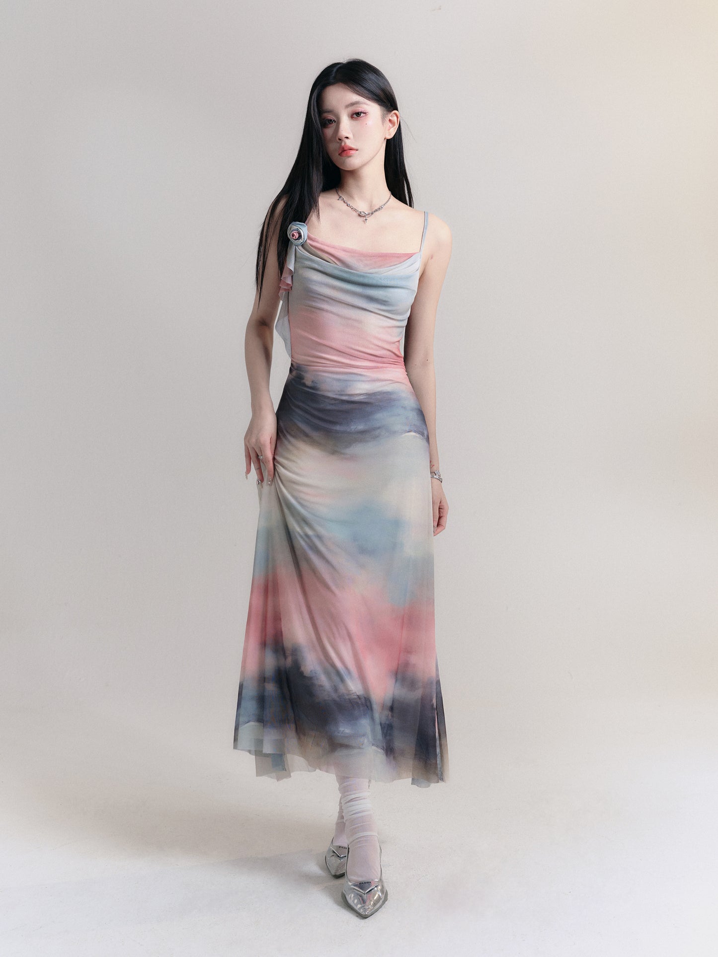 Vibrant Gradient Flower Drape Strapped Dress