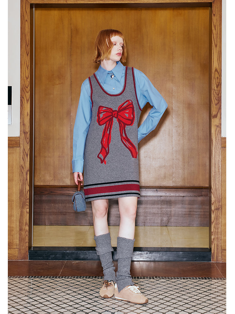 Hand-Drawn Style Bow Knit Vest Short Dress