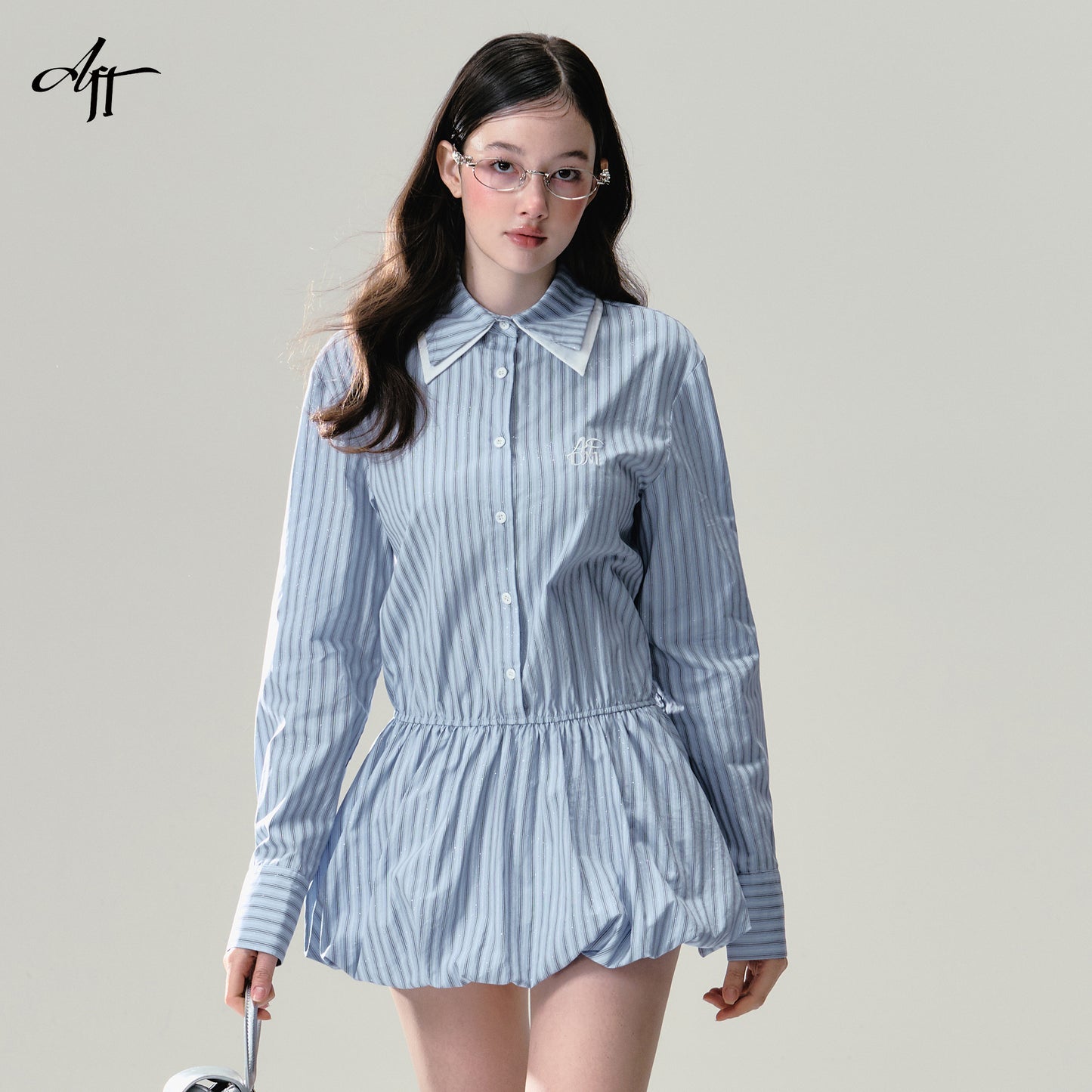 Layered Collar Glitter Striped Balloon Shirt Dress