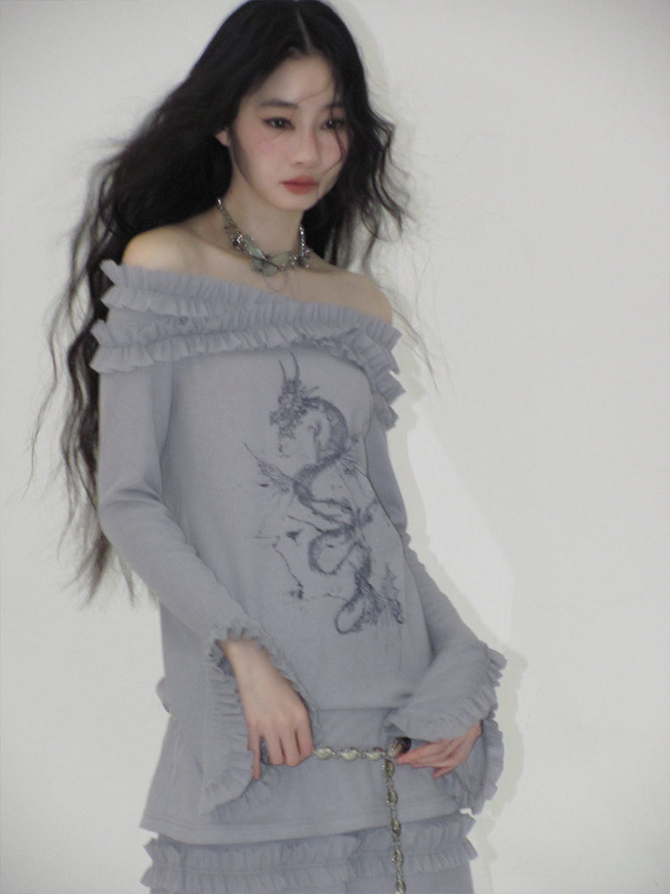 Dragon Print Off Shoulder Top And Chain Belt