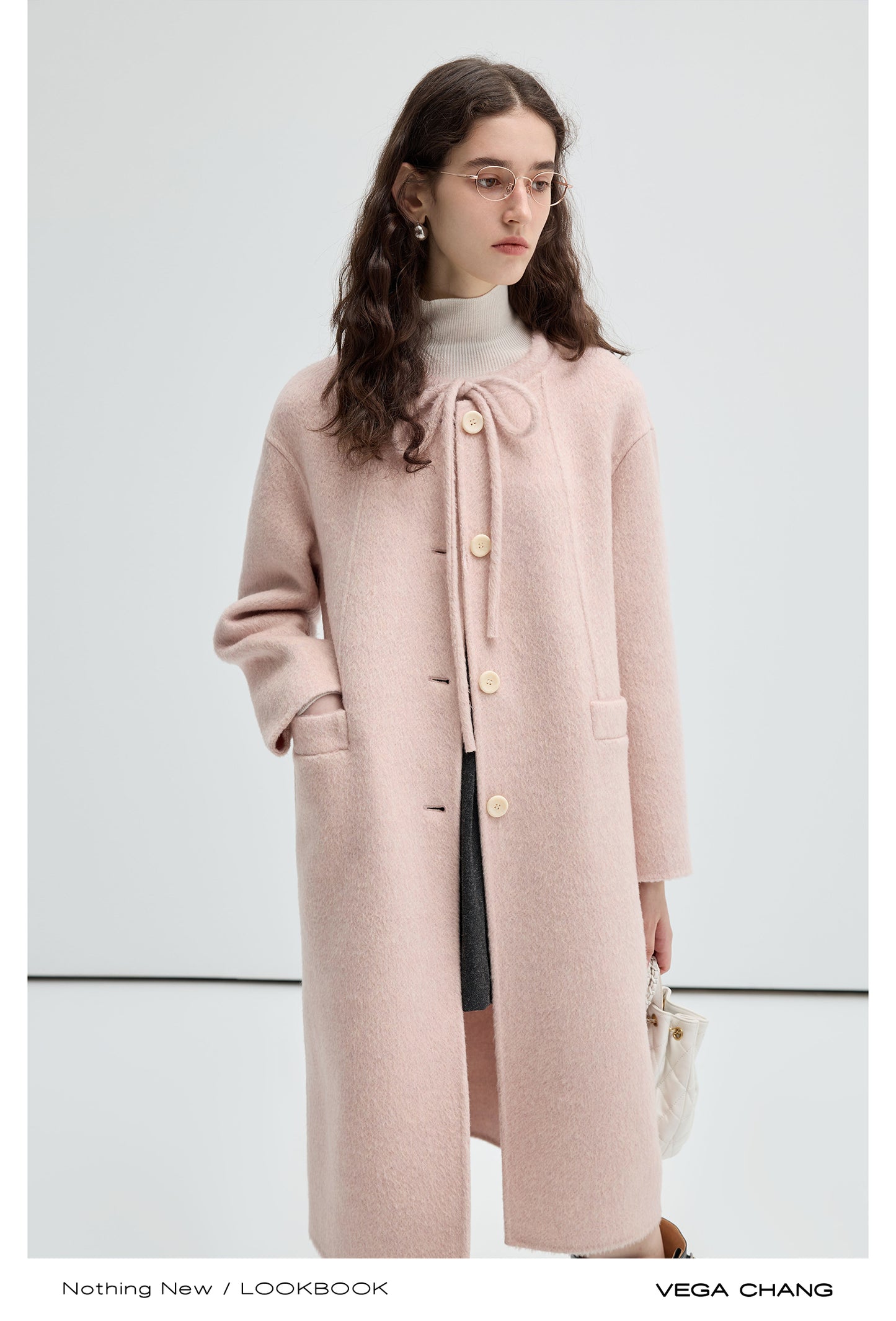Wool-Silk Blend Collarless Tie Neck Coat