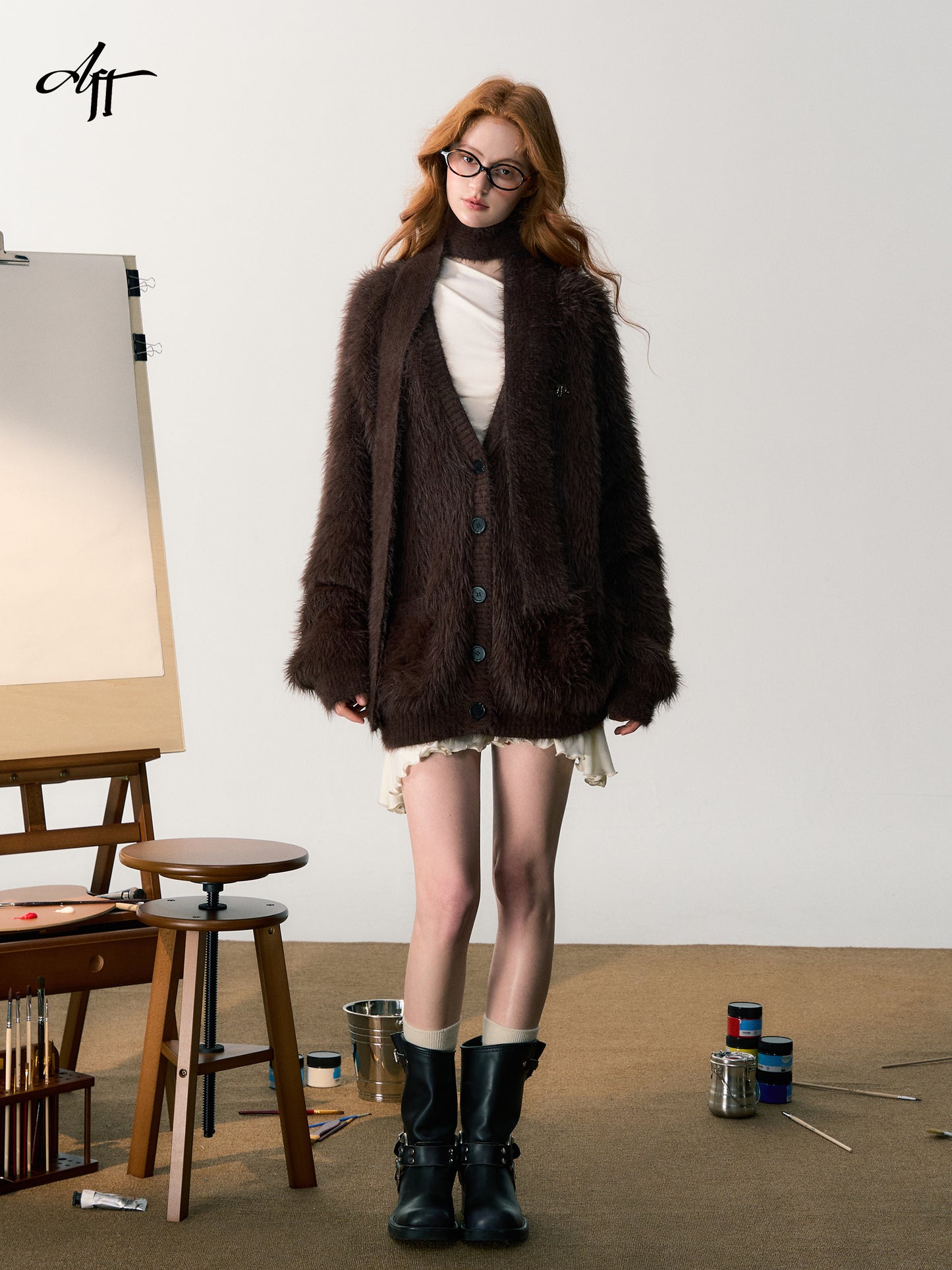 Faux Fur V-Neck Slouchy Cardigan With Scarf