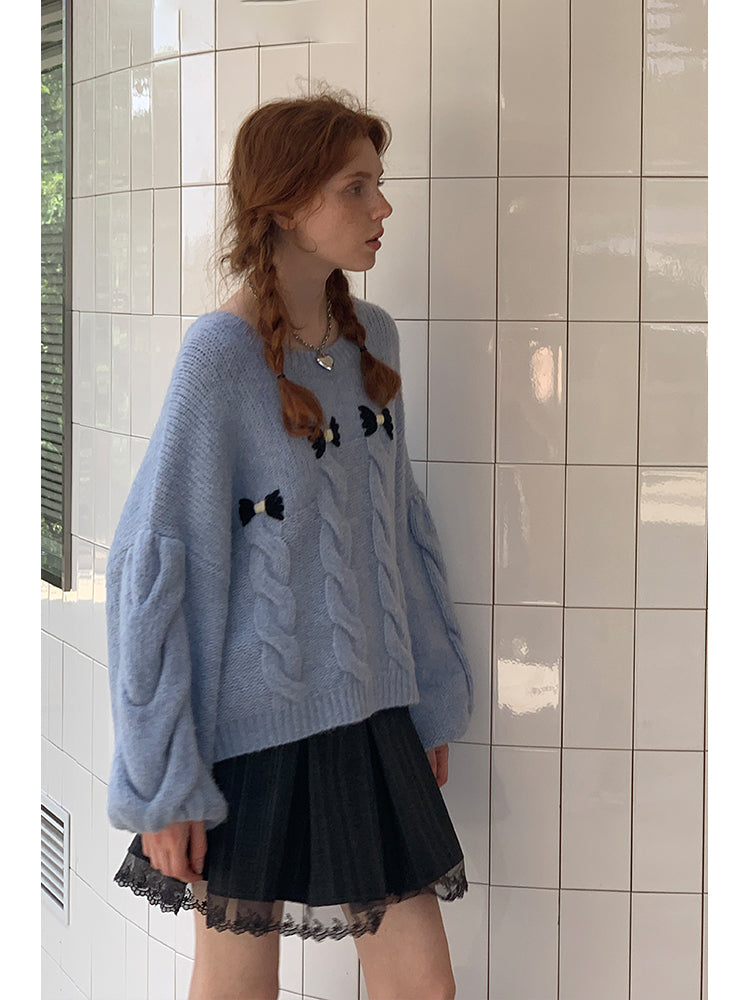 Bow Accent Drop Shouldered Knit Sweater